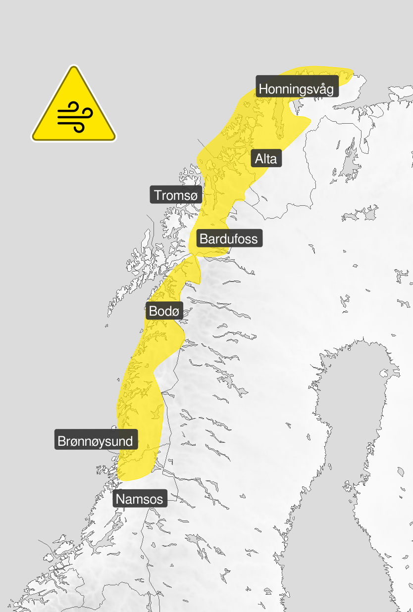 Kart over Norge som viser område for gult farevarsel om vind i deler av Trøndelag og Nordland..
