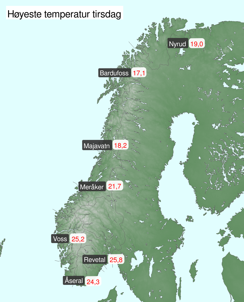 Kart som viser de varmeste stedene i Norge tirsdag.