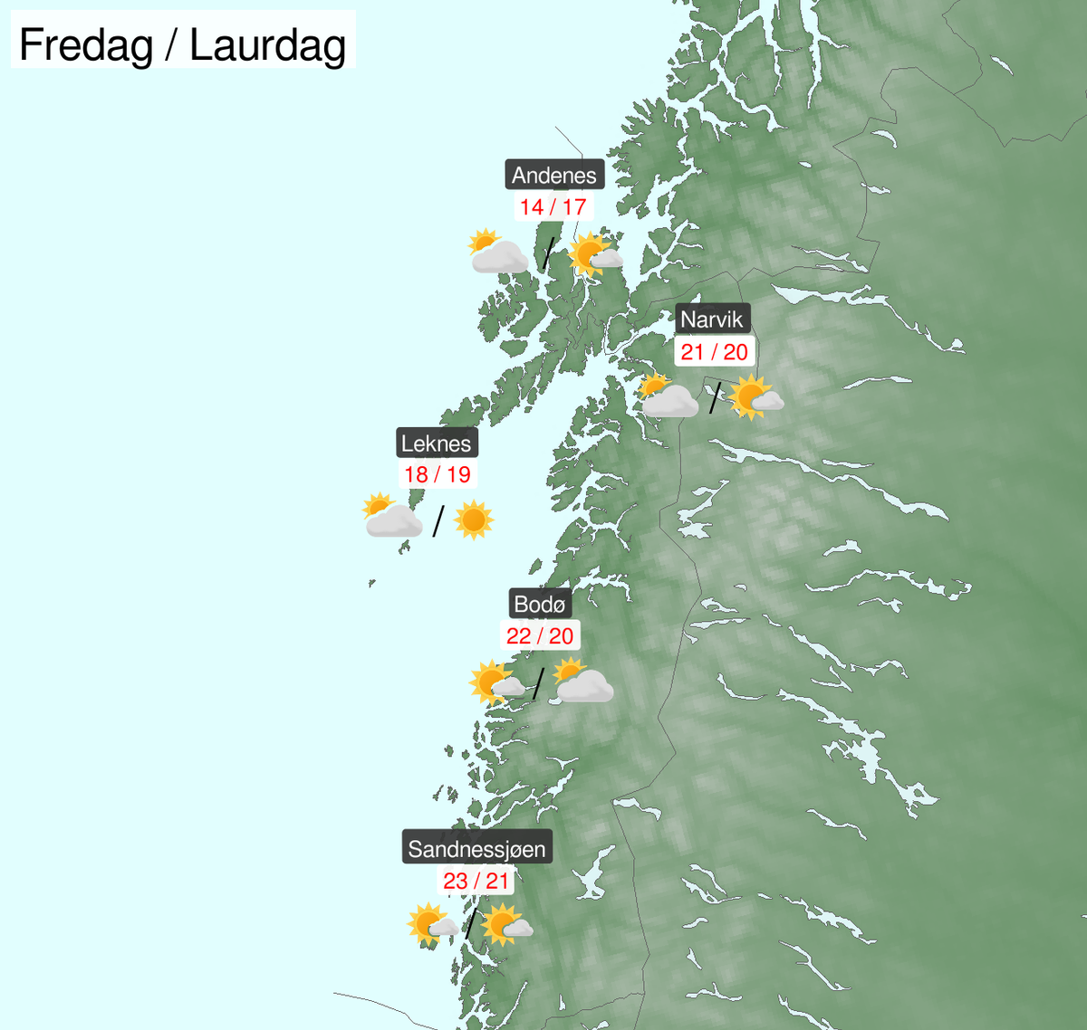 Kart med temperatur- og værvarsel for fredag og lørdag i Nordland