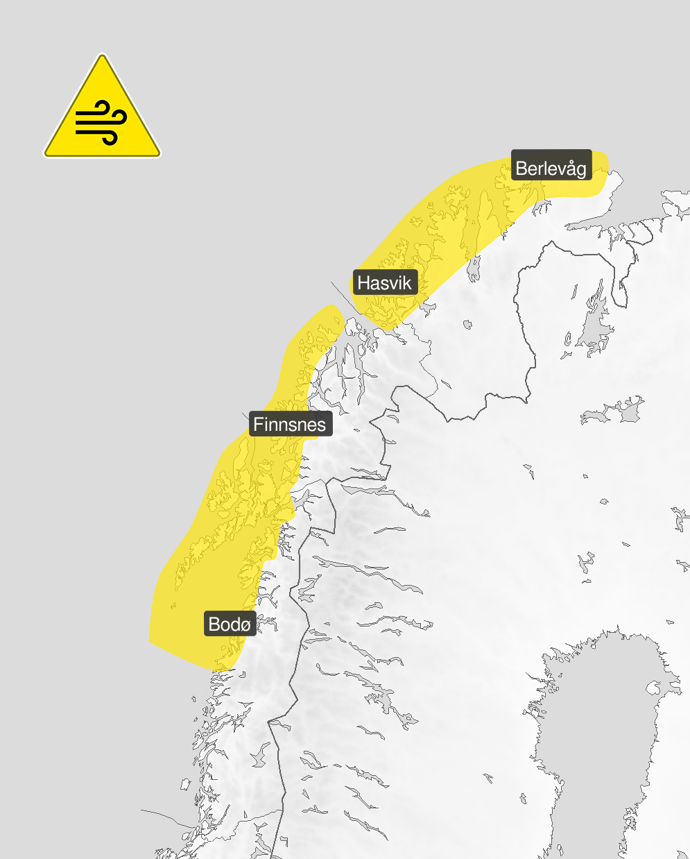 Kart over Nord-Norge som viser utstrekning av to gule farevarsler om kraftige vindkast.