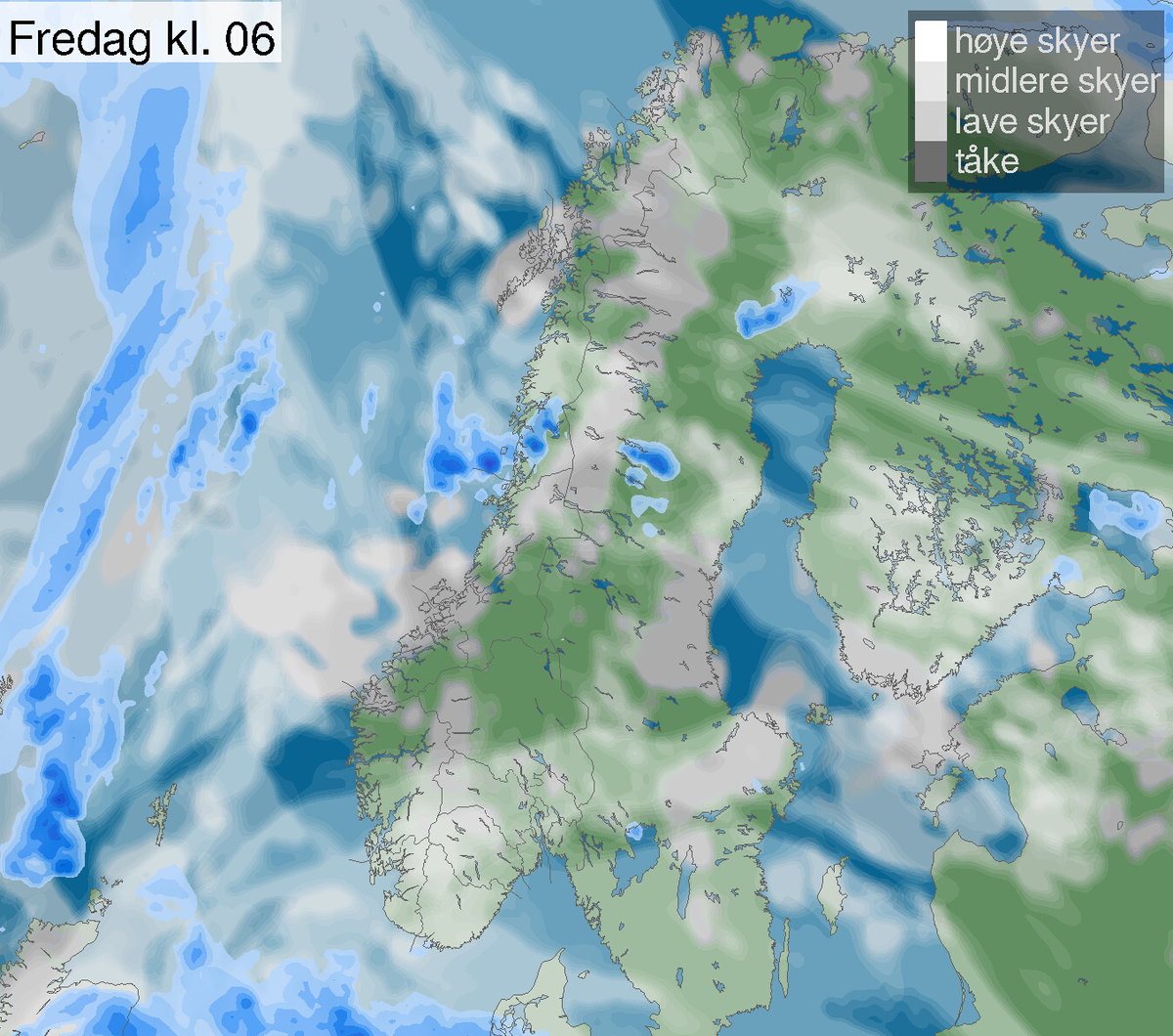 Skydekke og nedbør fredag morgen