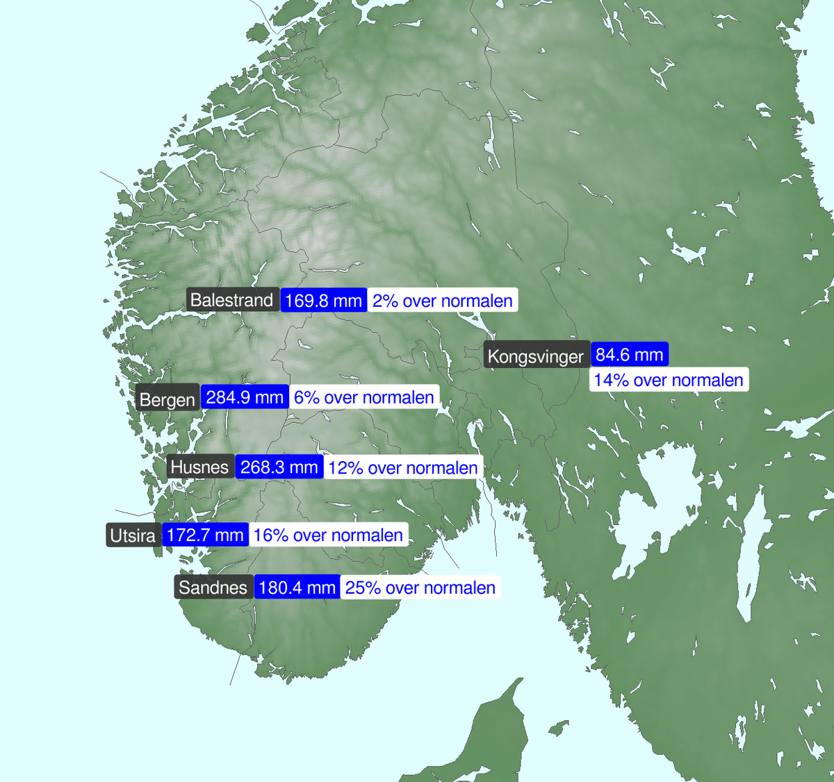 Bildet viser hvor mye nedbør som har kommet så langt i oktober på utvalgte plasser, samt hvor mye over normalen dette er.