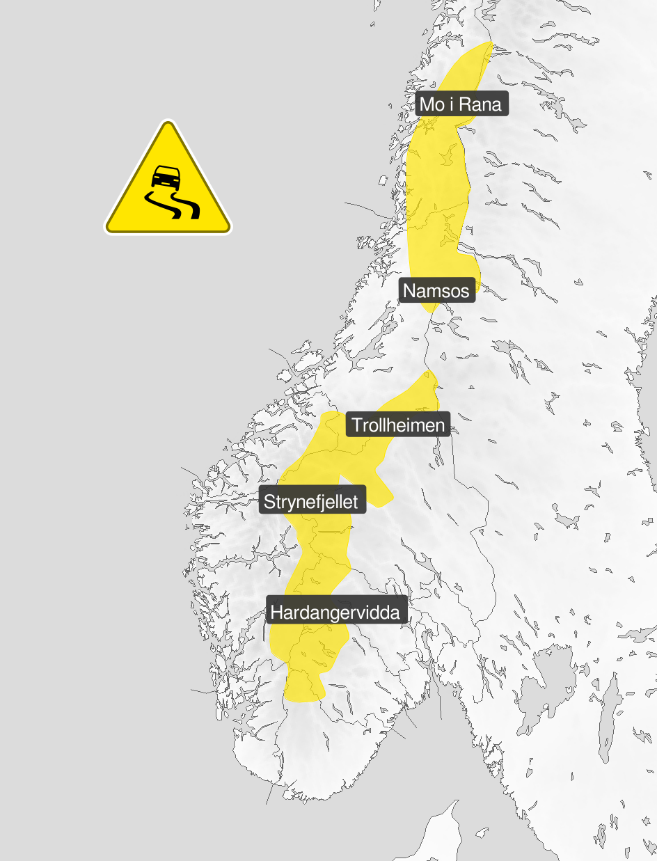 Kart over Norge som viser område for gult farevarsel om is i fjellene i Sør-Norge.