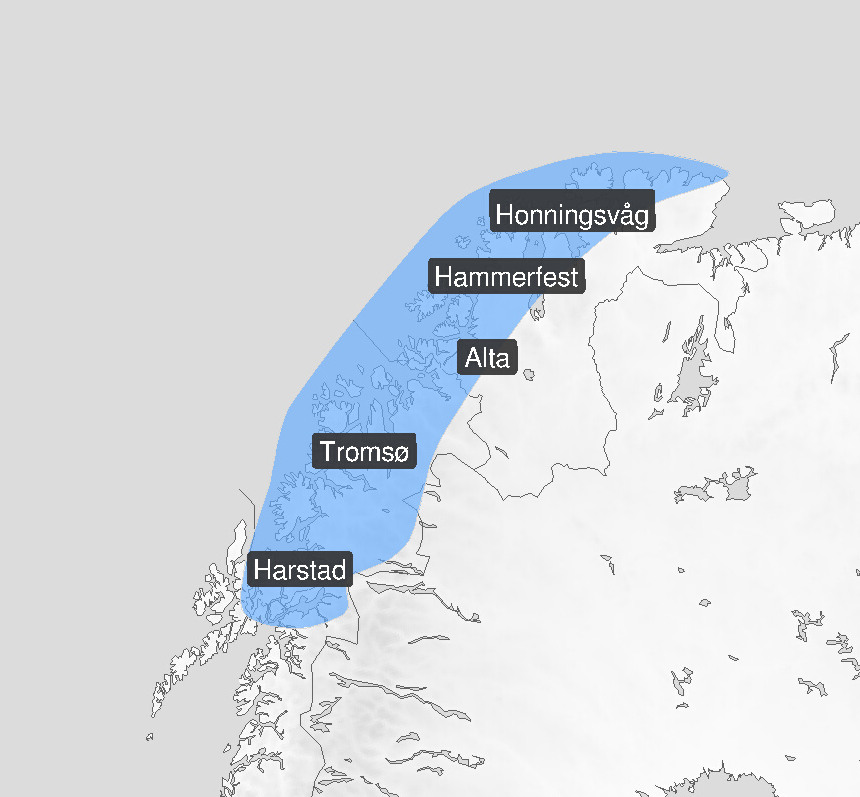 Bildet viser området der det fra lørdag morgen til natt til søndag kan komme snø. I lavere områder kommer det mer som snø eller sludd.
