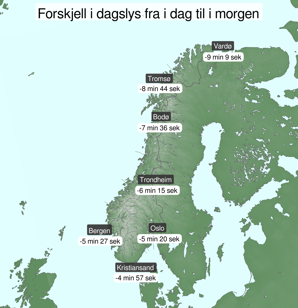 Endring i dagslys fra i dag til i morgen
